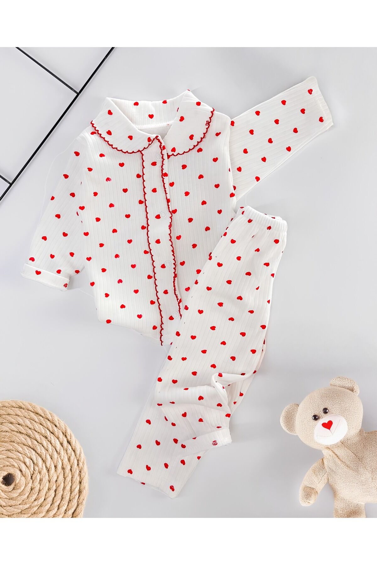 Kız Bebek Pamuk,Kalp Desenli  Pijama Takımı,Kalpli Alt Üst Gecelik Takımı