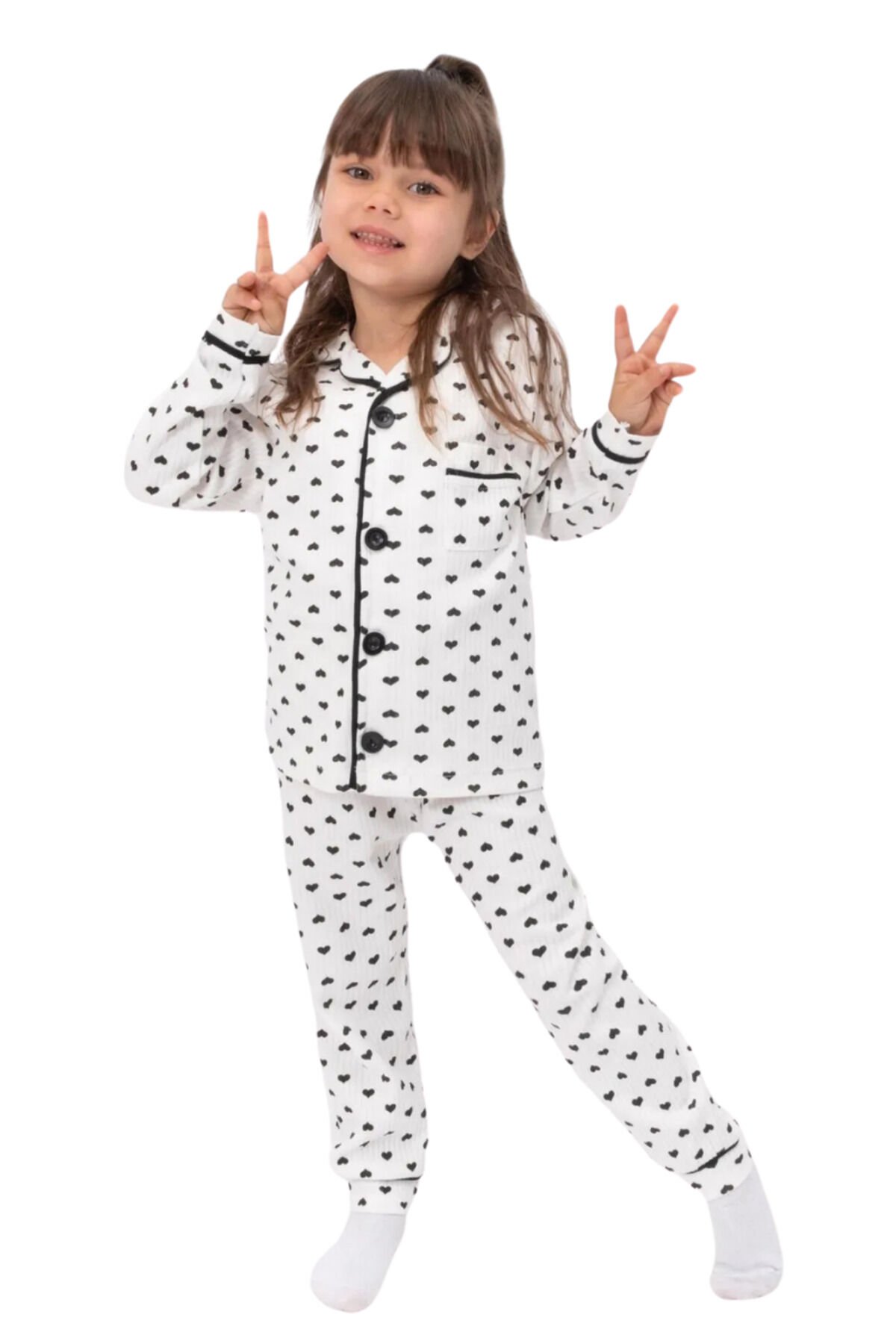 Kız Çocuk Önden Düğmeli Pamuklu Pijama Takımı