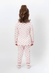 Kız Çocuk Raporlu Pamuk,Kalp Desenli Önden Düğmeli Pijama Takımı,Kalpli Alt Üst Gecelik Takımı